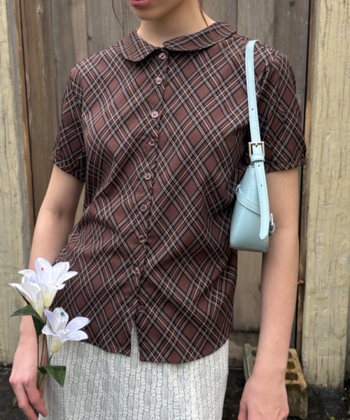 Birthday room(バースデイルーム)の「チェック柄丸襟ブラウス/checkered round-neck blouse(シャツ/ブラウス・レディース・ブラウン/ベージュ・FREE)」の14枚目の写真