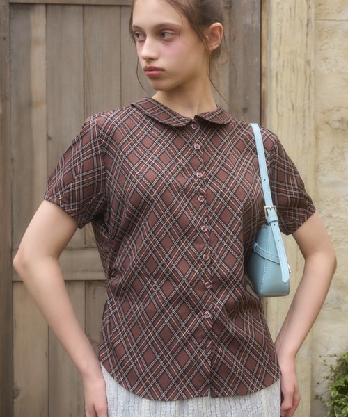 Birthday room(バースデイルーム)の「チェック柄丸襟ブラウス/checkered round-neck blouse(シャツ/ブラウス・レディース・ブラウン/ベージュ・FREE)」の16枚目の写真