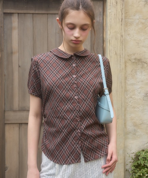Birthday room(バースデイルーム)の「チェック柄丸襟ブラウス/checkered round-neck blouse(シャツ/ブラウス・レディース・ブラウン/ベージュ・FREE)」の22枚目の写真