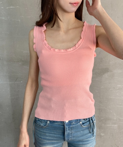 セール】フリル 太ストラップ ニットタンクトップ（タンクトップ