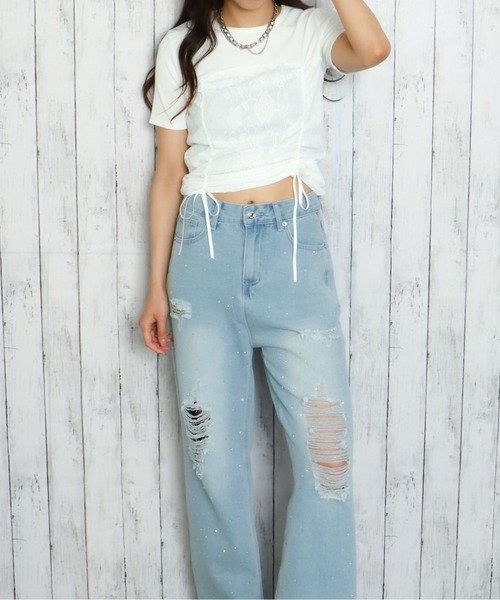 GORGE(ゴージ)の「《ふわレース×ドロスト》甘めカジュアルトップス(Tシャツ/カットソー・レディース・ブラック/オフホワイト・F)」の3枚目の写真