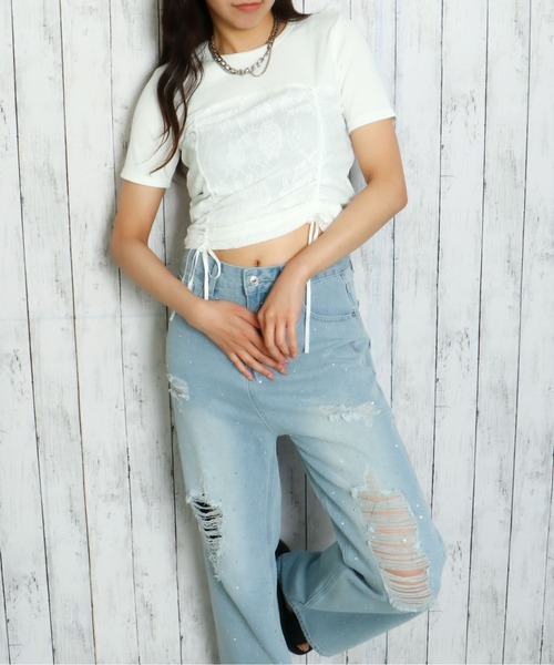 GORGE(ゴージ)の「《ふわレース×ドロスト》甘めカジュアルトップス(Tシャツ/カットソー・レディース・ブラック/オフホワイト・F)」の4枚目の写真