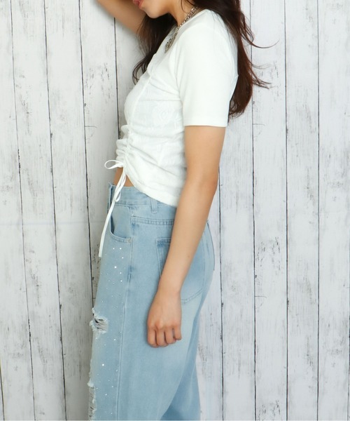 GORGE(ゴージ)の「《ふわレース×ドロスト》甘めカジュアルトップス(Tシャツ/カットソー・レディース・ブラック/オフホワイト・F)」の5枚目の写真