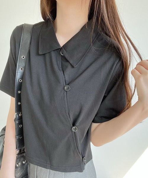 Nana(ナナ)の「アシンメトリーデザイントップス(Tシャツ/カットソー・レディース・ブラック/ホワイト・FREE)」の1枚目の写真