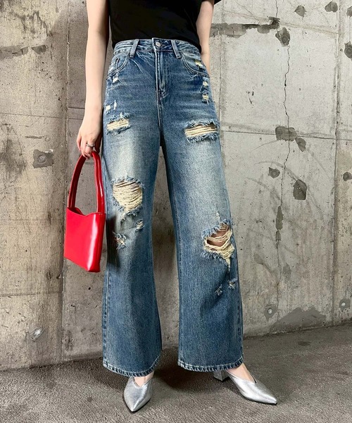 Narcissus(ナルシス)の「ダメージデニムパンツ/ヴィンテージ風フレアデニム《動画あり》(デニムパンツ・レディース・その他・FREE)」の1枚目の写真