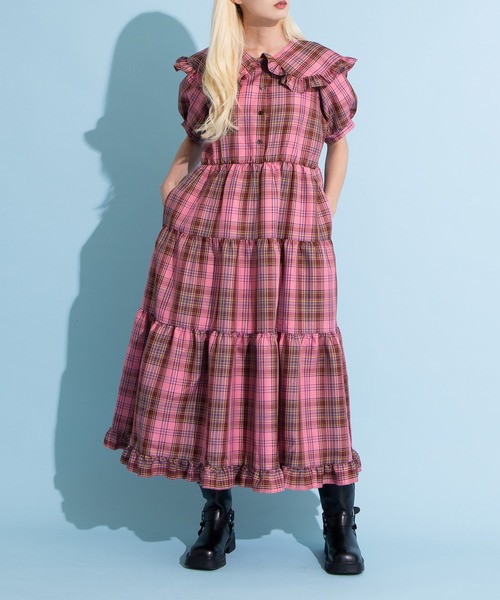 PUNYUS(プニュズ)の「パフスリーブティアードチェックワンピース(ワンピース・レディース・イエロー/グリーン/ピンク・1/2/3/4)」の3枚目の写真