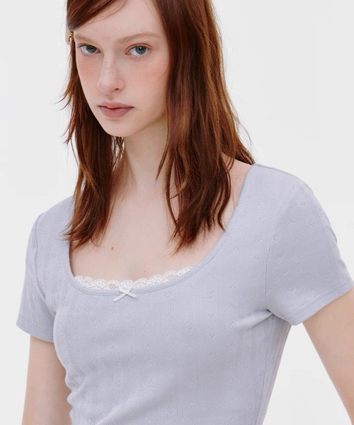 レースUネック ハートステッチ リブTシャツ FX25S262【Fano