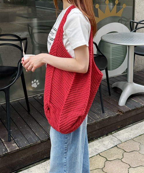 LE MORE（リモア）の「メッシュトートバッグ（トートバッグ・レディース・アイボリー/レッド・FREE）」の2枚目の写真