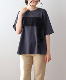 【L~5L 大きいサイズ】メッシュフリルプルオーバーカットソー Tシャツ 半袖 春夏