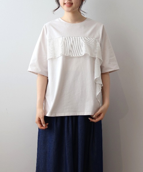 MB mint breeze(エムビーミントブリーズ)の「【L~5L 大きいサイズ】メッシュフリルプルオーバーカットソー Tシャツ 半袖 春夏(Tシャツ/カットソー・レディース・ライトグレー/チャコールグレー/カーキ・LL/3L/4L/5L/L)」の1枚目の写真