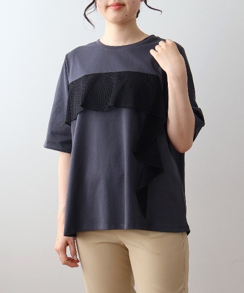 MB mint breeze(エムビーミントブリーズ)の「【L~5L 大きいサイズ】メッシュフリルプルオーバーカットソー Tシャツ 半袖 春夏(Tシャツ/カットソー・レディース・ライトグレー/チャコールグレー/カーキ・LL/3L/4L/5L/L)」の15枚目の写真