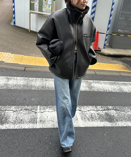 WEB限定追加》フェイクレザーボアブルゾン（ライダースジャケット