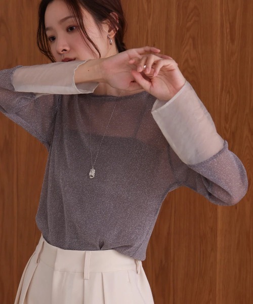 Bab(バブ)の「袖シアーラメベーシックカットソートップス(Tシャツ/カットソー・レディース・ベージュ/ブルー/ブラック/ブラウン/チャコールグレー・FREE)」の6枚目の写真