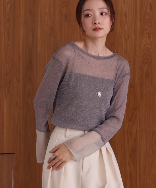 Bab(バブ)の「袖シアーラメベーシックカットソートップス(Tシャツ/カットソー・レディース・ベージュ/ブルー/ブラック/ブラウン/チャコールグレー・FREE)」の8枚目の写真