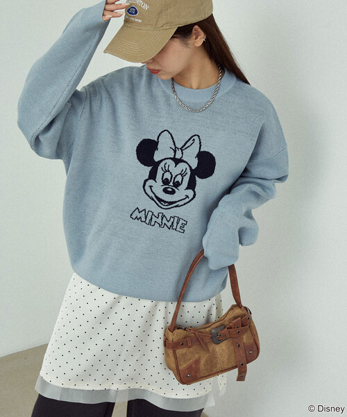 PUBLUX(パブリュクス)の「PUBLUX/パブリュクス Minnie Mouse/ミニーマウス ダブルジャガードニット 限定展開(ニット/セーター・レディース・オフホワイト/グレー/サックスブルー・フリ-)」の3枚目の写真