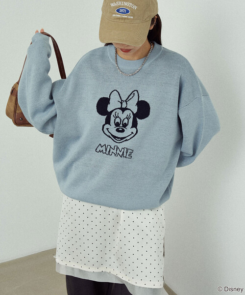 PUBLUX(パブリュクス)の「PUBLUX/パブリュクス Minnie Mouse/ミニーマウス ダブルジャガードニット 限定展開(ニット/セーター・レディース・オフホワイト/グレー/サックスブルー・フリ-)」の5枚目の写真