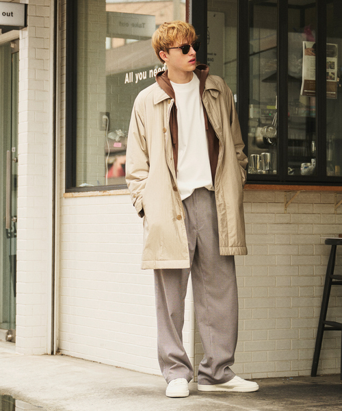 ABAHOUSE（アバハウス）の「ワッシャーナイロン 中綿パデットコート / Padded Half Coat / バルカラーコート（ステンカラーコート・メンズ・ベージュ/ブラック・46/48）」の3枚目の写真