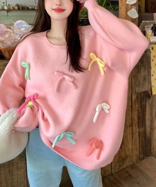SHOUYO(ショウヨウ)の「カラフルリボン付きニットプルオーバー/オーバーサイズ(ニット/セーター・レディース・ピンク/ホワイト・M)」の3枚目の写真