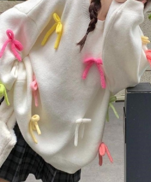 SHOUYO(ショウヨウ)の「カラフルリボン付きニットプルオーバー/オーバーサイズ(ニット/セーター・レディース・ピンク/ホワイト・M)」の11枚目の写真