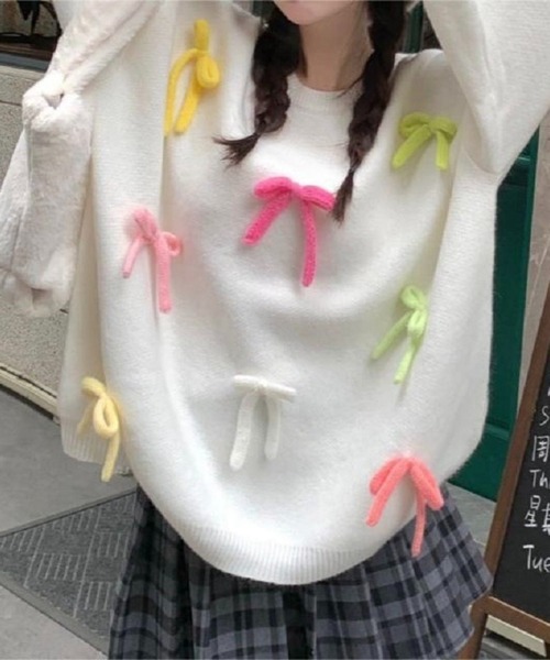 SHOUYO(ショウヨウ)の「カラフルリボン付きニットプルオーバー/オーバーサイズ(ニット/セーター・レディース・ピンク/ホワイト・M)」の13枚目の写真