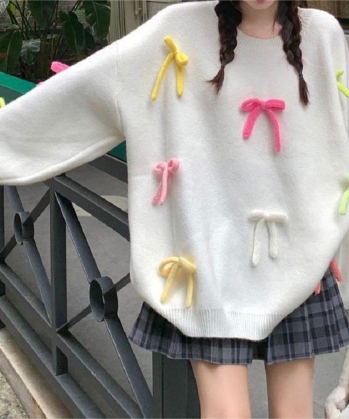 SHOUYO(ショウヨウ)の「カラフルリボン付きニットプルオーバー/オーバーサイズ(ニット/セーター・レディース・ピンク/ホワイト・M)」の8枚目の写真