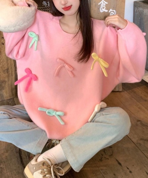 SHOUYO(ショウヨウ)の「カラフルリボン付きニットプルオーバー/オーバーサイズ(ニット/セーター・レディース・ピンク/ホワイト・M)」の5枚目の写真
