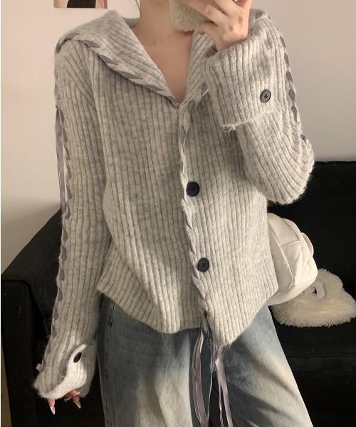 Aelina（エリナ）の「ニットカーディガン（カーディガン/ボレロ・レディース・グレー/チャコールグレー・F）」の18枚目の写真