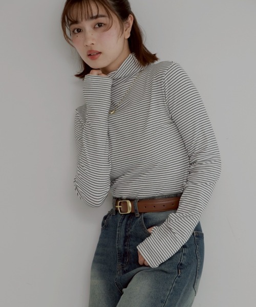 JUMELLE(ジュメロ)の「【極暖】ボーダーフィンガータートル | 真冬 防寒(Tシャツ/カットソー・レディース・アイボリー/グレー/ホワイト・MEDIUM)」の3枚目の写真