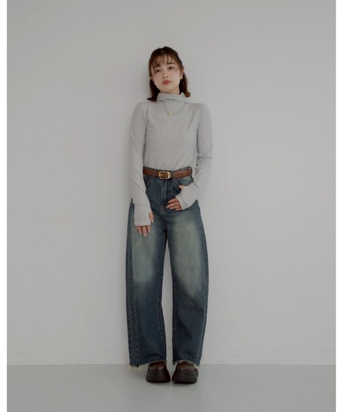 JUMELLE(ジュメロ)の「【極暖】ボーダーフィンガータートル | 真冬 防寒(Tシャツ/カットソー・レディース・アイボリー/グレー/ホワイト・MEDIUM)」の4枚目の写真