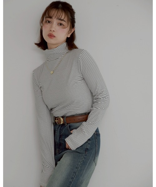 JUMELLE(ジュメロ)の「【極暖】ボーダーフィンガータートル | 真冬 防寒(Tシャツ/カットソー・レディース・アイボリー/グレー/ホワイト・MEDIUM)」の7枚目の写真