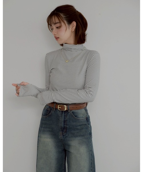 JUMELLE(ジュメロ)の「【極暖】ボーダーフィンガータートル | 真冬 防寒(Tシャツ/カットソー・レディース・アイボリー/グレー/ホワイト・MEDIUM)」の8枚目の写真