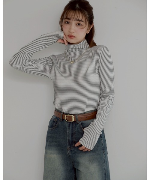 JUMELLE(ジュメロ)の「【極暖】ボーダーフィンガータートル | 真冬 防寒(Tシャツ/カットソー・レディース・アイボリー/グレー/ホワイト・MEDIUM)」の9枚目の写真