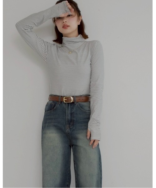 JUMELLE(ジュメロ)の「【極暖】ボーダーフィンガータートル | 真冬 防寒(Tシャツ/カットソー・レディース・アイボリー/グレー/ホワイト・MEDIUM)」の12枚目の写真