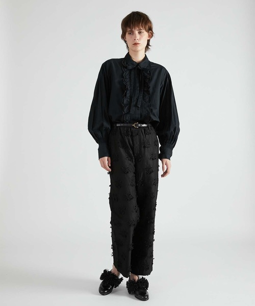 crinkle crinkle crinkle（クリンクルクリンクルクリンクル）の「【crinkle crinkle crinkle】front scallop ribbon blouse/フロントスカラップリボンブラウス（シャツ/ブラウス・レディース・ブラック/ホワイト・FREE）」の5枚目の写真