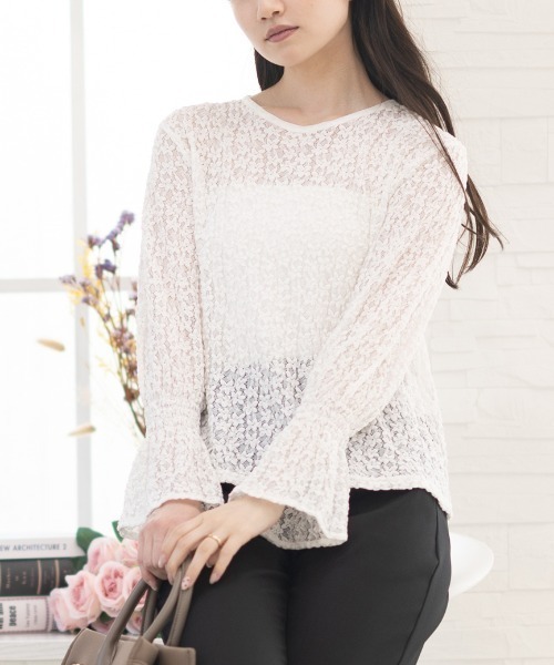 Neige(ネージュ)の「ストレッチお花レーストップス(Tシャツ/カットソー・レディース・アイボリー/ブラック・ONE SIZE)」の12枚目の写真