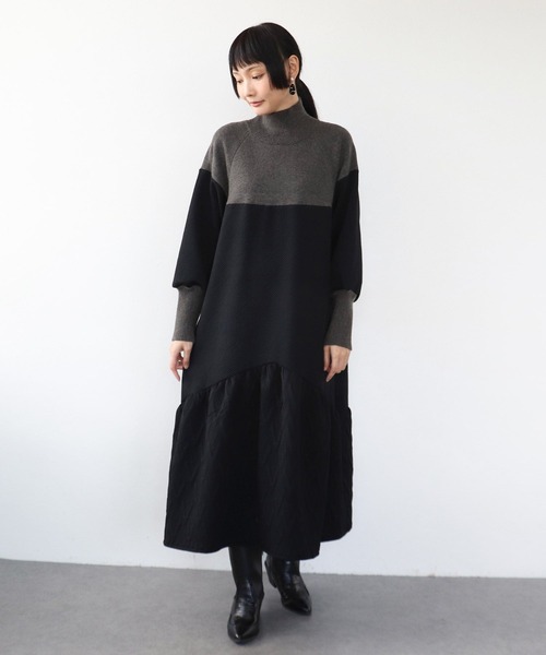 Three Four Time(スリーフォータイム)の「膨れジャガード柄MIXニットワンピース(ワンピース・レディース・ブルー/ブラック・FREE)」の3枚目の写真