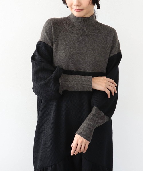 Three Four Time(スリーフォータイム)の「膨れジャガード柄MIXニットワンピース(ワンピース・レディース・ブルー/ブラック・FREE)」の6枚目の写真