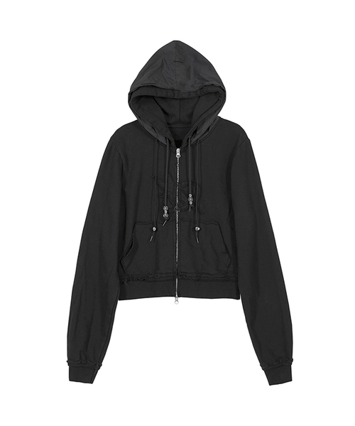 FLAREUP(フレアアップ)の「Layered Zip Hoodie (FL-150_Black)(パーカー・レディース・ブラック・1/2)」の1枚目の写真
