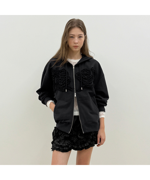 Rose Frill Oversized‑Fit Hooded Zip‑Up (Black) — чёрное худи с кружевной оборкой
