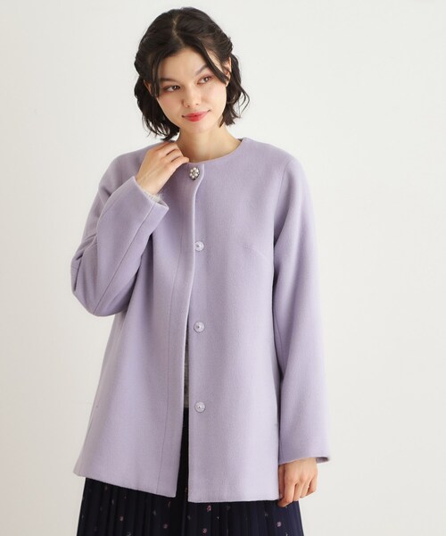 LAURA ASHLEY(ローラアシュレイ)の「【ウール混/ビジューボタン】ミドル丈コート(ノーカラーコート・レディース・ライトグレー/パープル・38/40)」の7枚目の写真