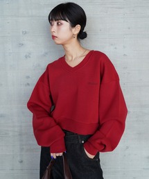 Vネック刺繍ショート丈スウェット