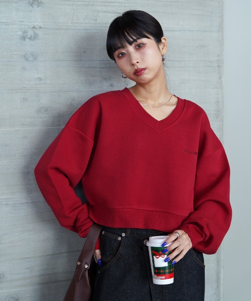 Chillfar(チルファー)の「Vネック刺繍ショート丈スウェット(スウェット・レディース・グレー/ネイビー系/ブラウン系/ブラック/オートミール/レッド・FREE)」の7枚目の写真