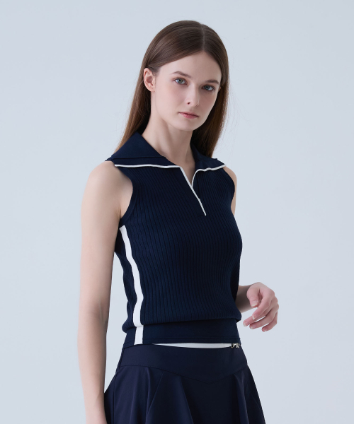 LORDLOAR(ロードロアル)の「リブ配色カラー ノースリーブニット ネイビー(ポロシャツ・レディース・その他・SMALL/MEDIUM/LARGE)」の1枚目の写真