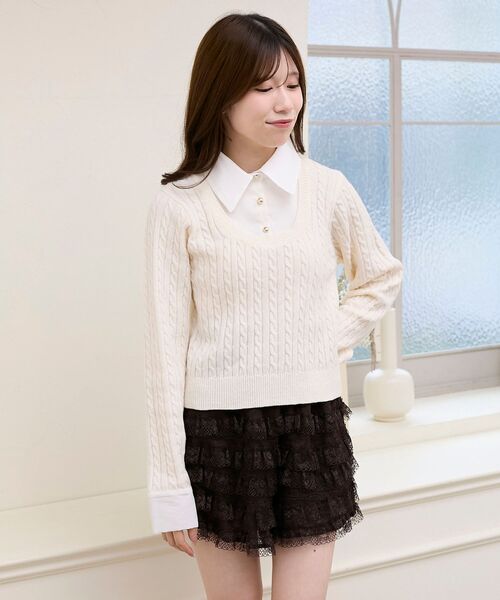 MAJESTIC LEGON（マジェスティックレゴン）の「フリルトリムリボンタイセットニット（ニット/セーター・レディース・アイボリー/グレー/ベージュ・MEDIUM）」の16枚目の写真