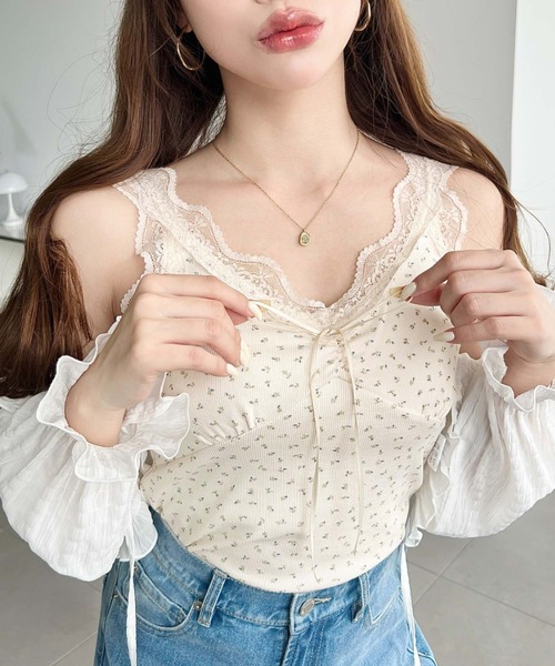 moment+（モーメントプラス）の「花柄プリントテレコリブフロントシャーリングリボンレースタンクトップ（タンクトップ・レディース・オフホワイト/ブラック/ナチュラル・M）」の7枚目の写真