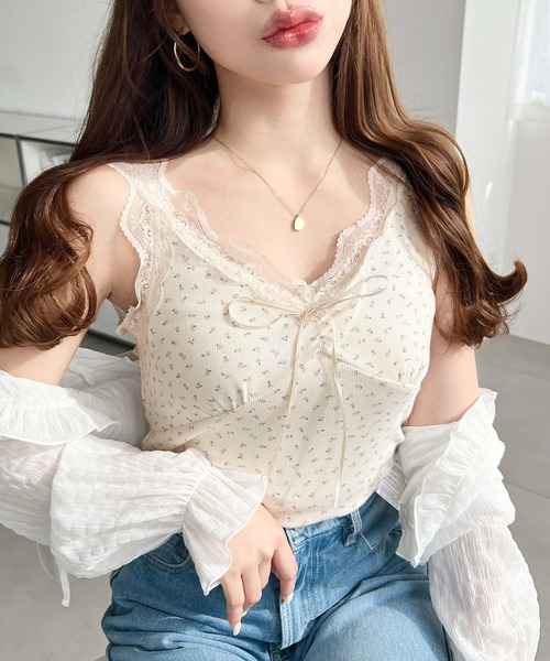 moment+（モーメントプラス）の「花柄プリントテレコリブフロントシャーリングリボンレースタンクトップ（タンクトップ・レディース・オフホワイト/ブラック/ナチュラル・M）」の9枚目の写真