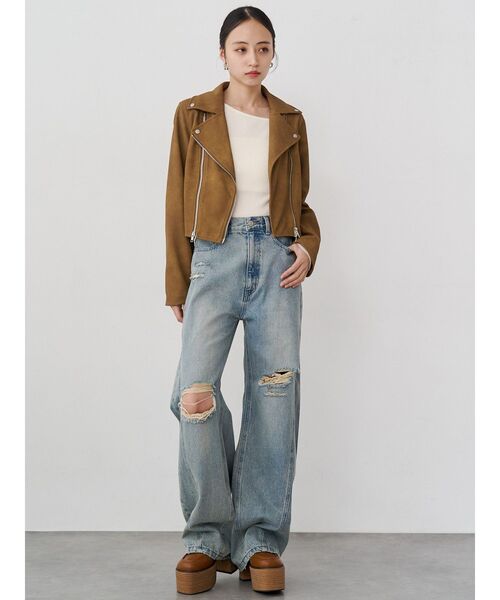 MURUA（ムルーア）の「コンパクトフェイクレザーライダースジャケット（ライダースジャケット・レディース・キャメル/ブラック・FREE）」の12枚目の写真