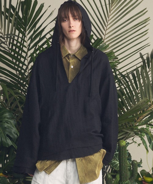 MAISON SPECIAL（メゾンスペシャル）の「《UNISEX》Deep Front Neck Prime-Over Mexican Shirt Hoodie/ディープフロントネックプライムオーバーメキシカンシャツパーカー【MAISON SPECIAL/メゾンスペシャル】（シャツ/ブラウス・メンズ・ブラック/チャコールグレー/ライトイエロー/オレンジ・0/1/2）」の2枚目の写真