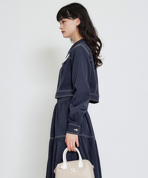 REDYAZEL（レディアゼル）の「【セットアップ可能】バイカラーステッチショートジャケット（スーツジャケット・レディース・ピンク/ネイビー/ベージュ・FREE）」の20枚目の写真