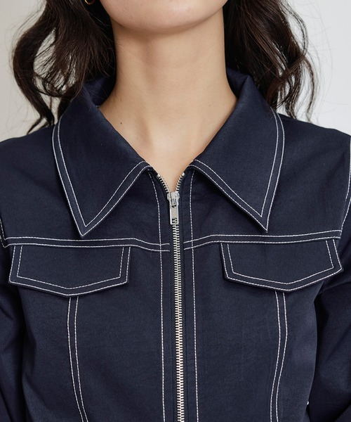 REDYAZEL（レディアゼル）の「【セットアップ可能】バイカラーステッチショートジャケット（スーツジャケット・レディース・ピンク/ネイビー/ベージュ・FREE）」の22枚目の写真